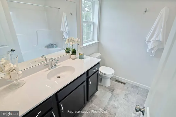 a bathroom with a sink a toilet and a large mirror