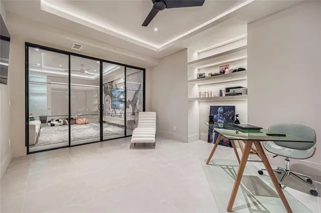 a workspace with table and chairs