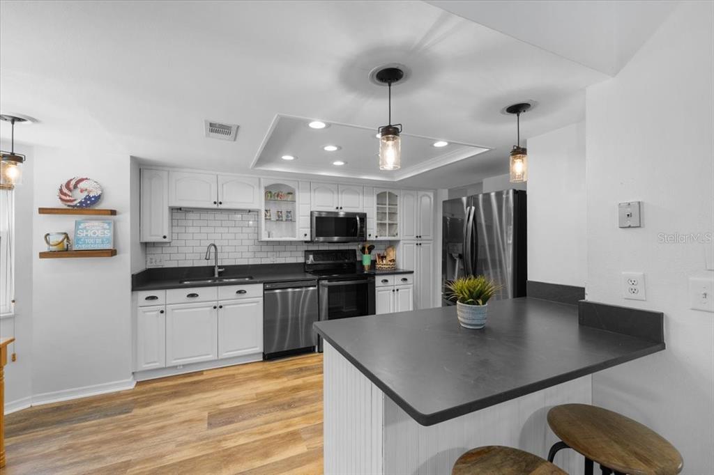 4498 Plumosa Street Spring Hill, FL 34607 - Photo 5 of 24 a kitchen with stainless steel appliances granite countertop a sink refrigerator and cabinets