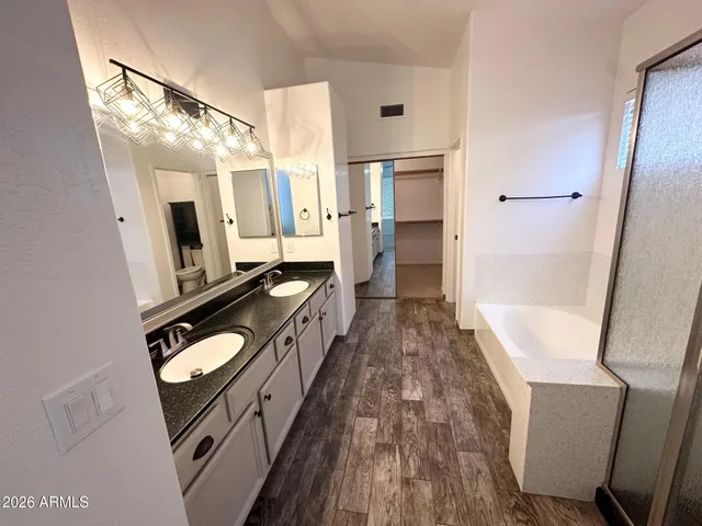 a bathroom with a sink a mirror and a bathtub