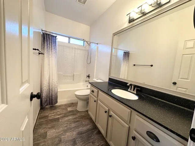 a bathroom with a granite countertop sink a toilet and shower