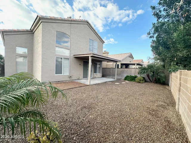 a view of a backyard with plants and a large tree