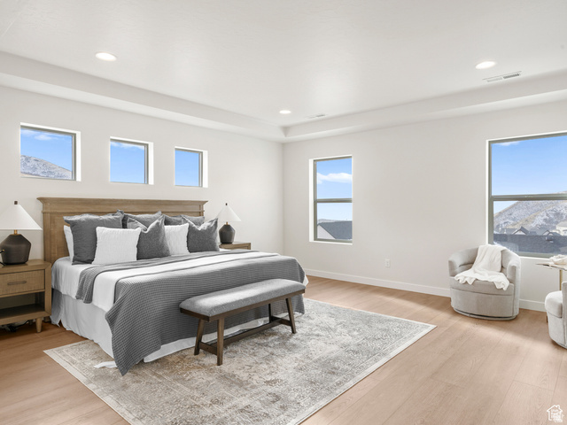 1711 West Canyon Rim Road North Lehi, UT 84048 - Photo 12 of 31 Spacious bedroom featuring light wood-finish flooring, a tray ceiling, recessed lighting, and multiple windows