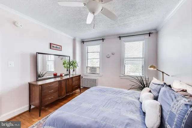 a bedroom with a bed and a chandelier fan