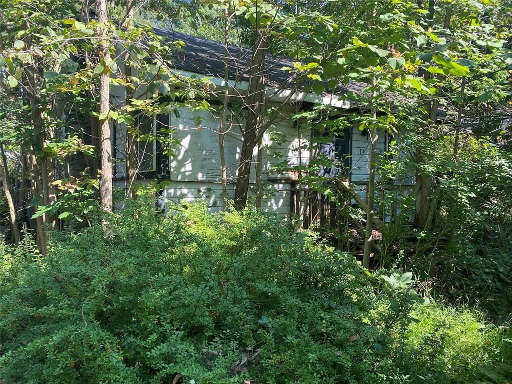 a backyard of a building with lots of trees