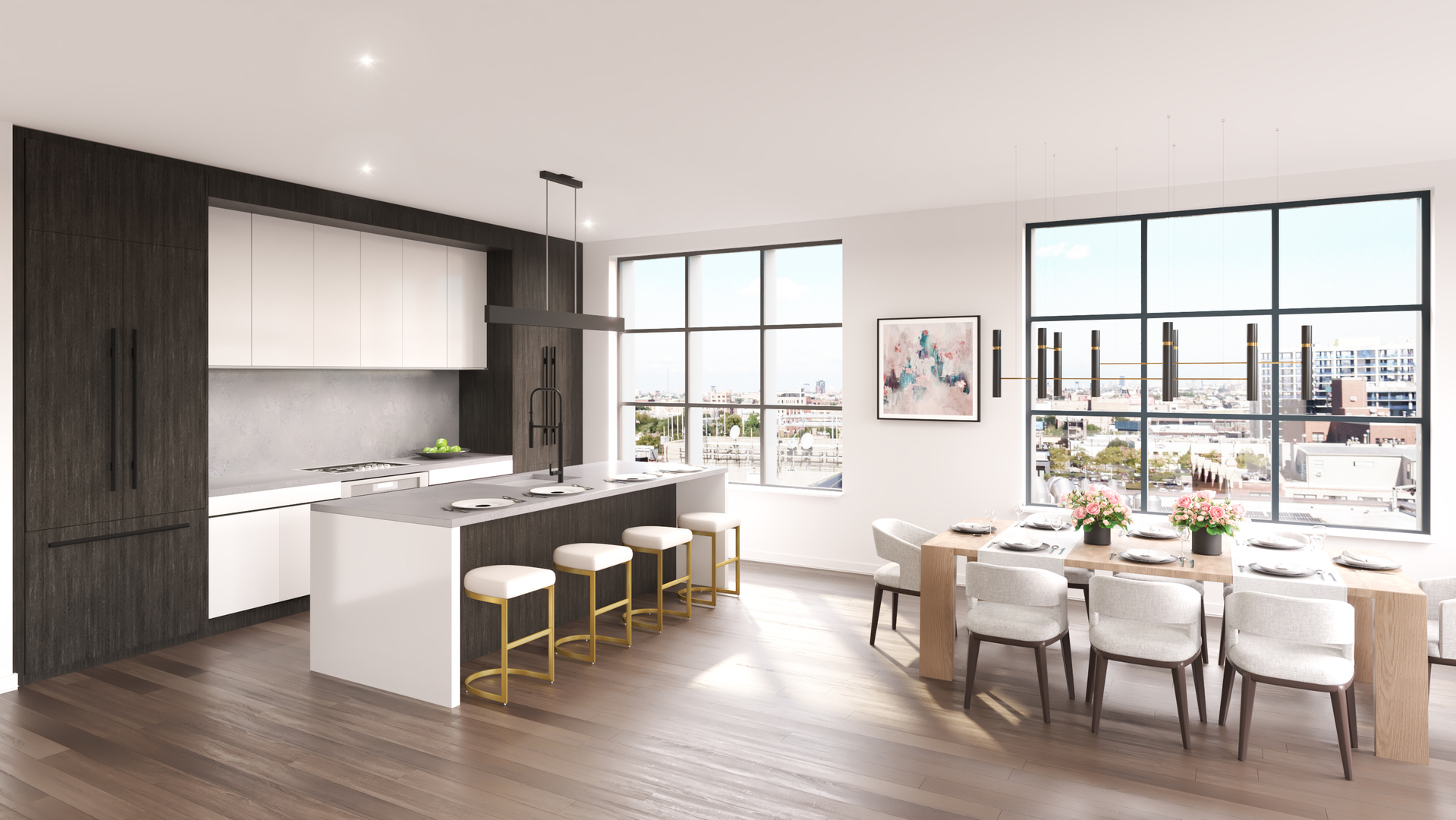 1400 West Monroe Street, Unit 7E Chicago, IL 60607 - Photo 6 of 17 a dining hall with stainless steel appliances granite countertop a stove a refrigerator a dining table and chairs with wooden floor