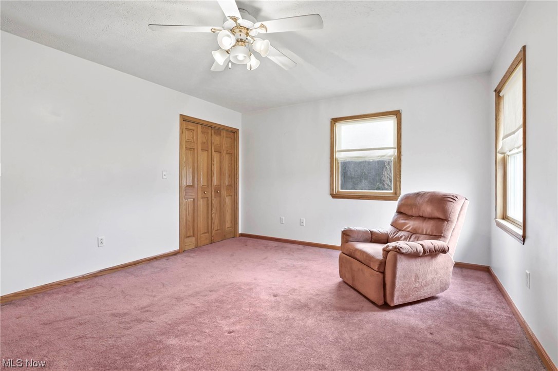 411 Adario West Road Shiloh, OH 44878 - Photo 19 of 35 Living area featuring carpet floors and ceiling fan