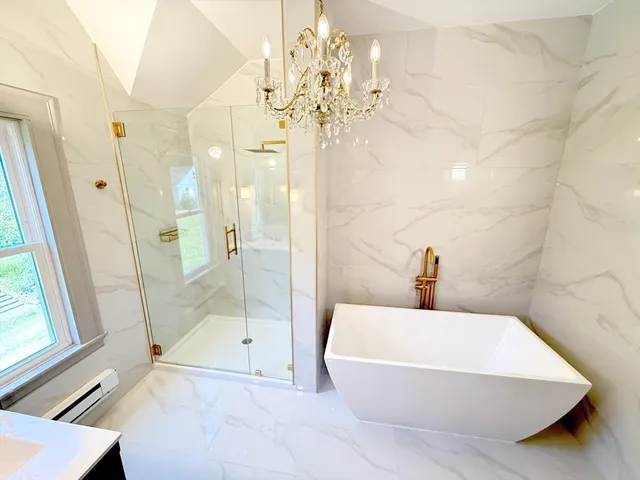 a bathroom with a bathtub and a shower