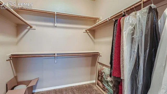 a view of walk in closet with clothes and shoes