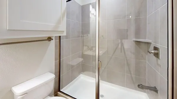 a bathroom with a shower and toilet