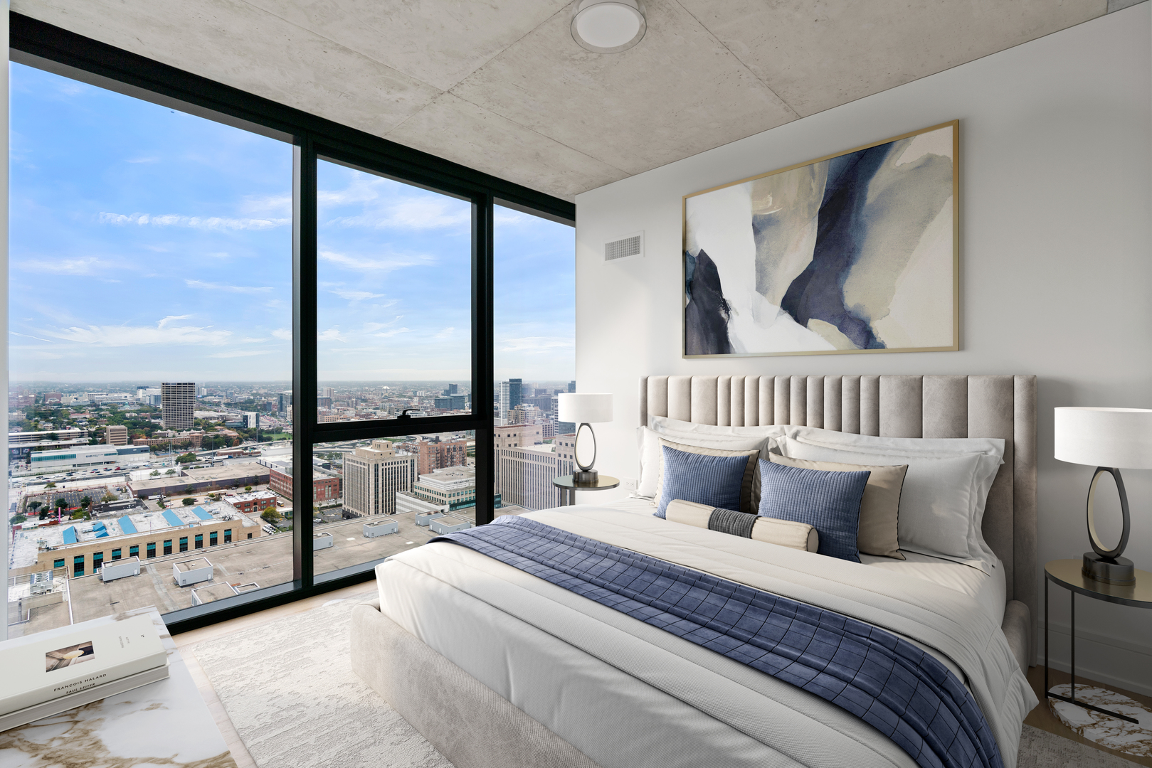234 West Polk Street, Unit 2402 Chicago, IL 60607 - Photo 4 of 37 a bedroom with a bed and a large window with balcony view