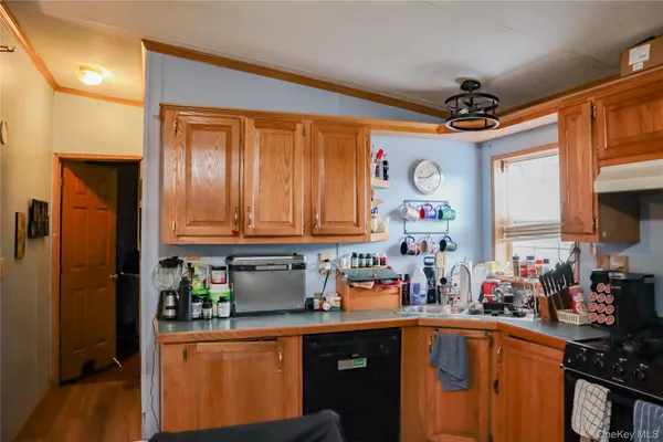 a kitchen with stainless steel appliances granite countertop a sink dishwasher a refrigerator and cabinets with wooden floor