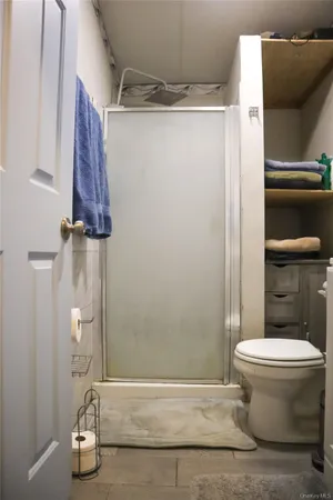 a bathroom with a toilet and a shower