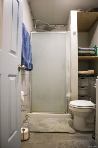 a bathroom with a toilet and a shower