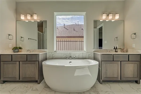 a white bath tub sitting in a bathroom sink and a mirror