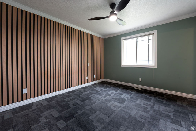 875 East 1300th Street North Mapleton, UT 84664 - Photo 35 of 65 Empty room featuring crown molding, dark colored carpet, a ceiling fan, a textured ceiling, and an accent wall
