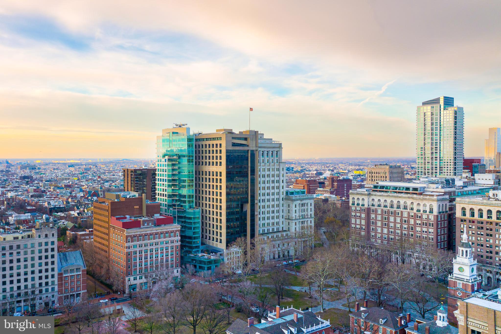 a city view with tall buildings