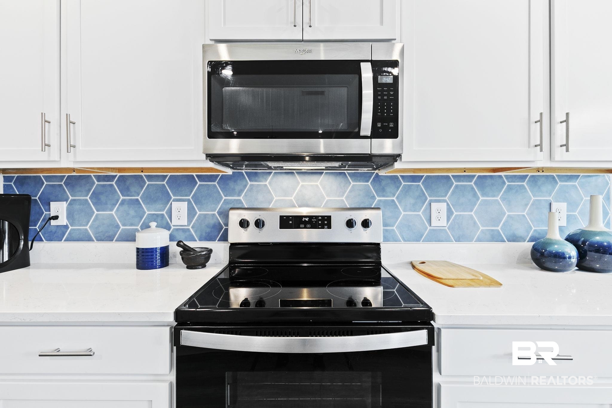 1141 Pencarro Boulevard Foley, AL 36535 - Photo 21 of 70 Kitchen with white cabinets, decorative backsplash, and range with electric stovetop