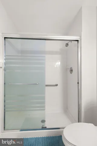 a bathroom with a shower and a toilet