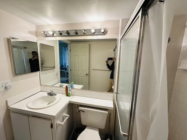 a bathroom with a sink a toilet a mirror and shower