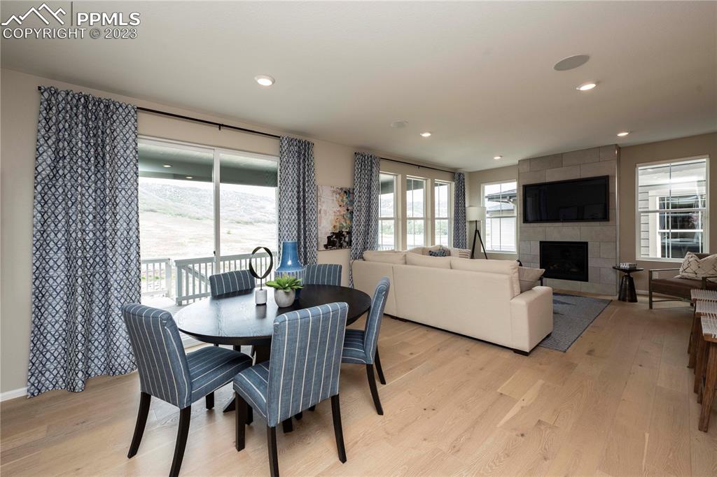 631 Felicity Loop Castle Rock, CO 80109 - Photo 13 of 33 a dining room with furniture a fireplace and wooden floor