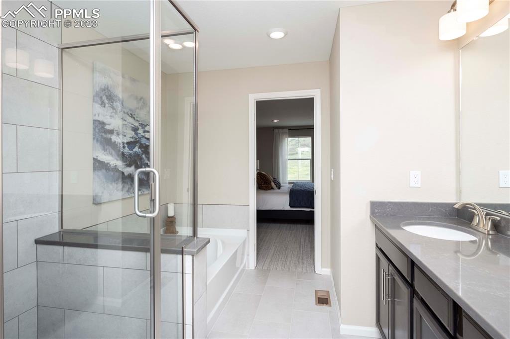 631 Felicity Loop Castle Rock, CO 80109 - Photo 24 of 33 a en suite bathroom with a sink a mirror and shower