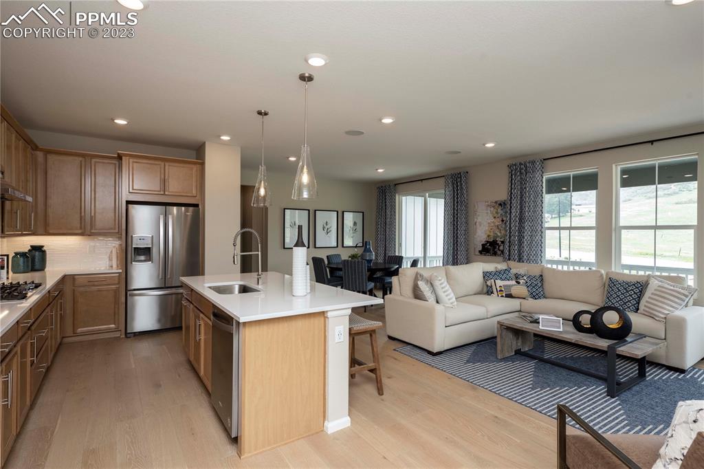 631 Felicity Loop Castle Rock, CO 80109 - Photo 5 of 33 a living room with stainless steel appliances kitchen island granite countertop furniture and a view of kitchen