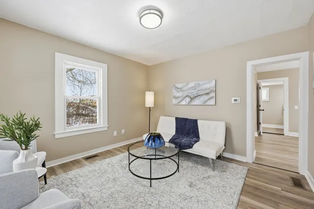 a living room with furniture and a potted plant