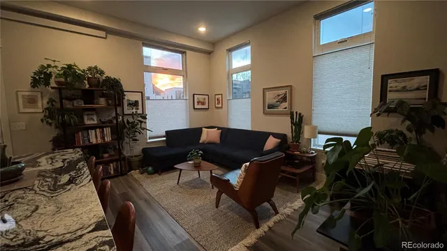 a living room with furniture a rug and a window