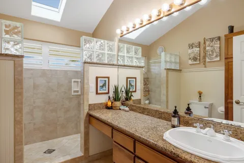 a bathroom with a granite countertop sink a mirror and shower