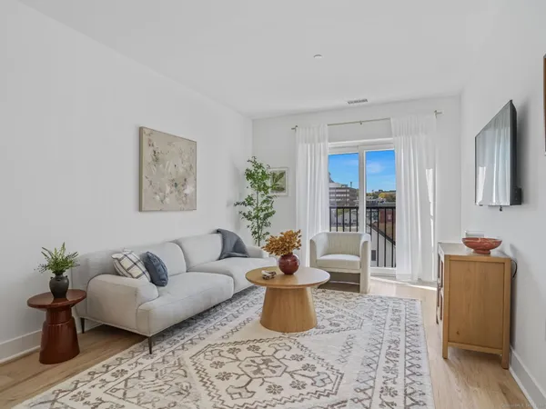 a living room with furniture and a potted plant