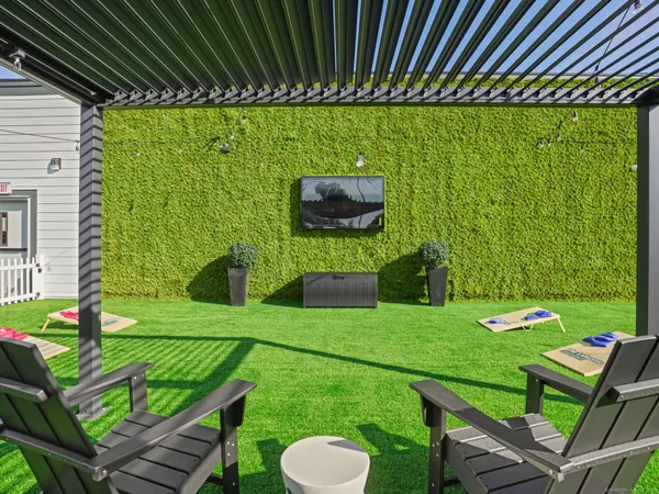 a backyard of a house with outdoor seating