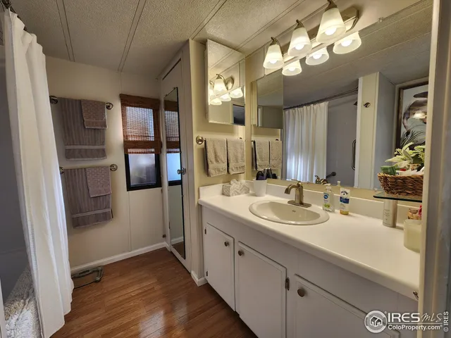 a bathroom with a sink a large mirror and a shower