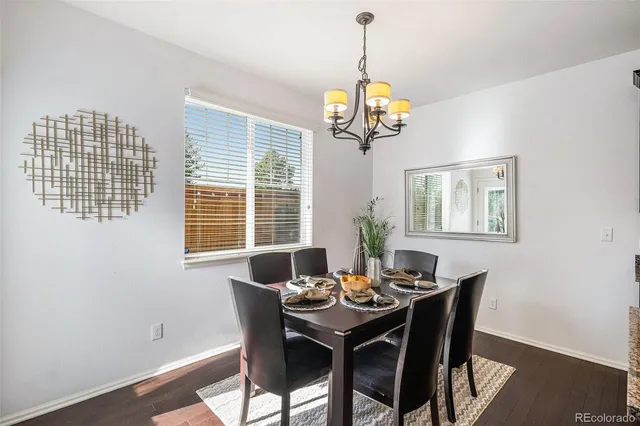 a view of a dining room with a table and chairs