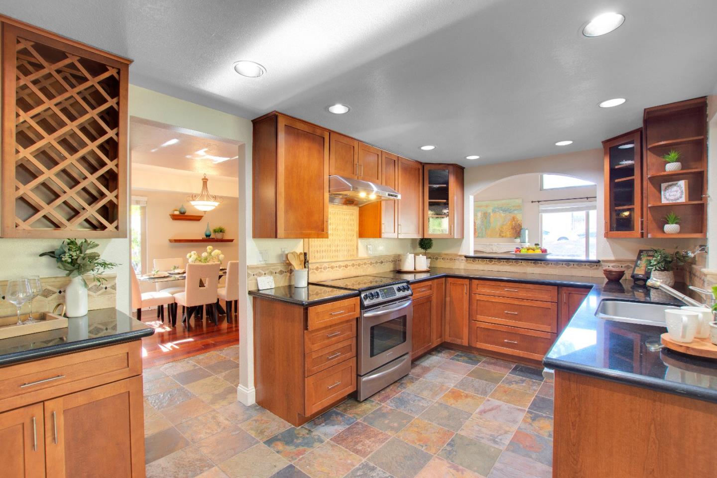 a large kitchen with lots of counter top space