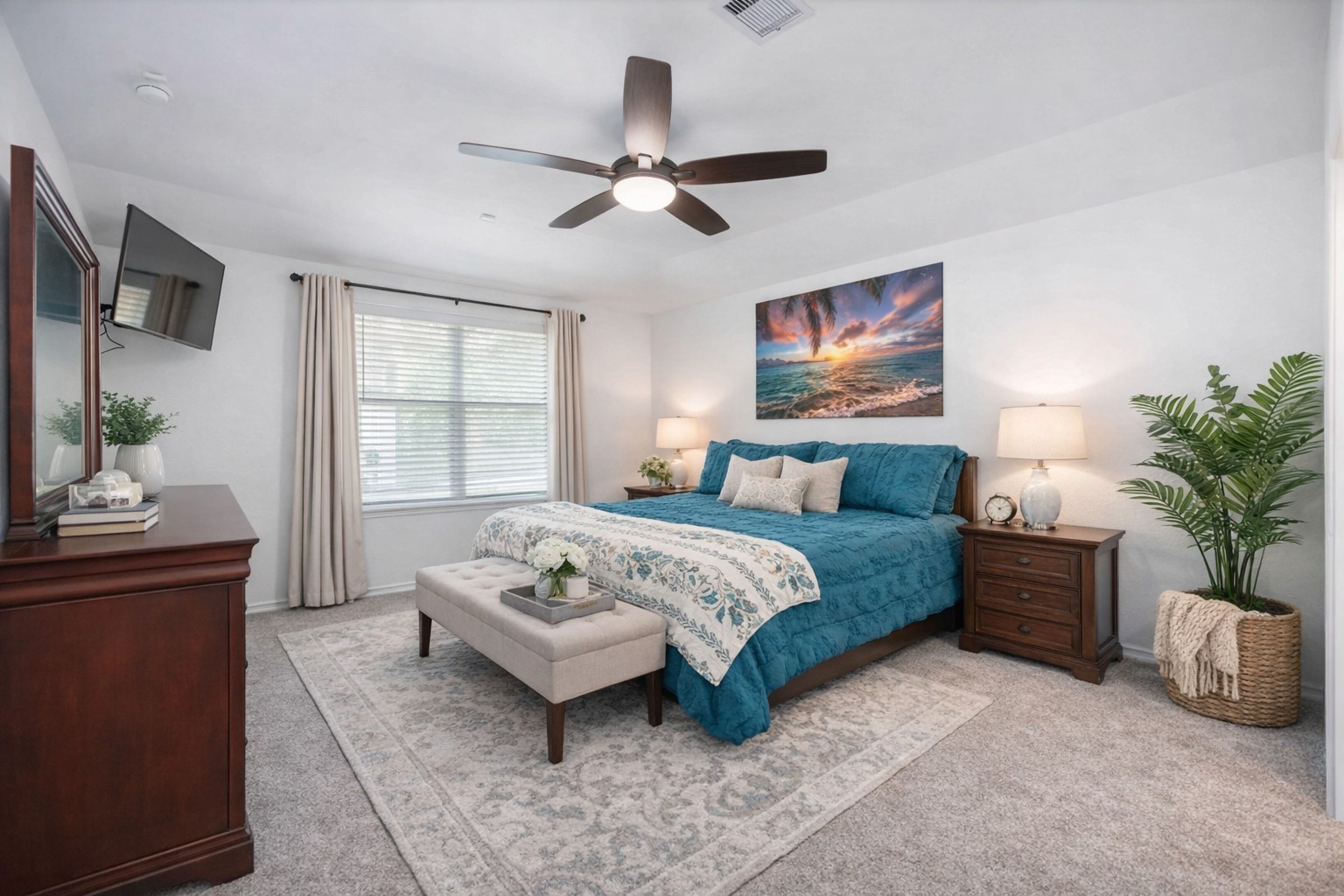 24034 Sunview Vly Drive Spring, TX 77373 - Photo 23 of 43 Primary Bedroom:
Spacious primary bedroom with plush carpet, ceiling fan, and room for a king-size bed.