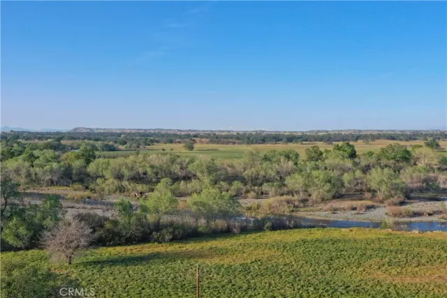 a view of a field with trees in background