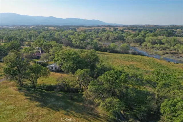 an aerial view of green landscape with trees houses and mountain view