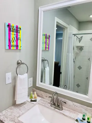 a bathroom with a sink and a mirror