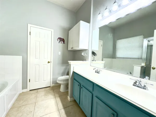 a bathroom with a double vanity sink mirror and toilet