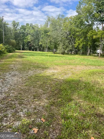 a view of a green field with trees in the background