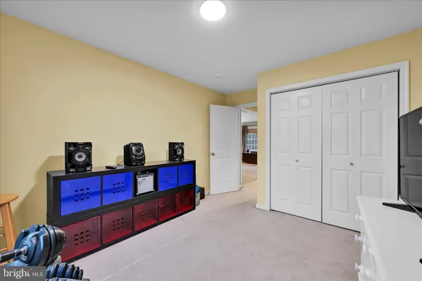 a view of a bedroom with furniture and closet