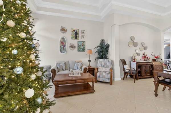 a living room with furniture and a potted plant
