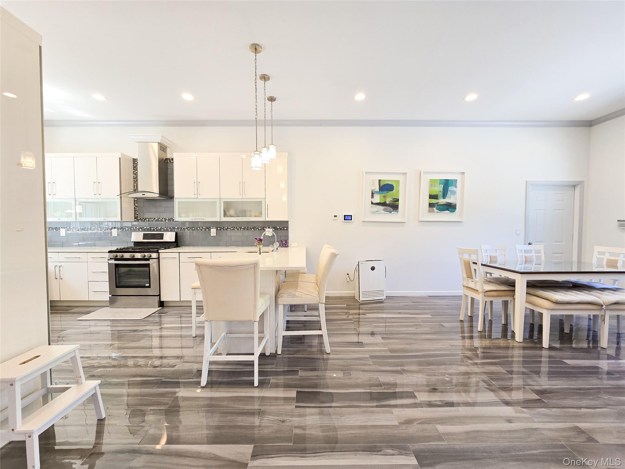 249 Cold Spring Road Syosset, NY 11791 - Photo 9 of 28 a kitchen with stainless steel appliances kitchen island granite countertop a table chairs and a refrigerator