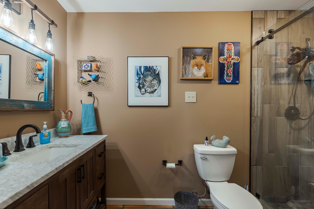 116 Ridge Road West Ingram, TX 78025 - Photo 31 of 65 a bathroom with a granite countertop toilet a sink and a shower