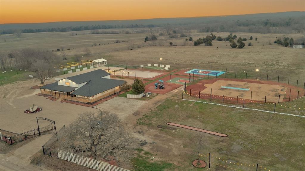 Aerial view of event center and surrounding outdoor spaces.