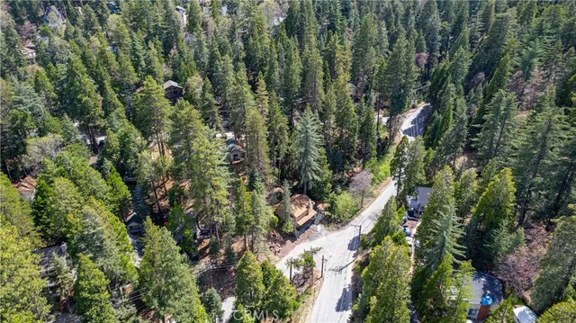 an aerial view of residential house with outdoor space and trees all around