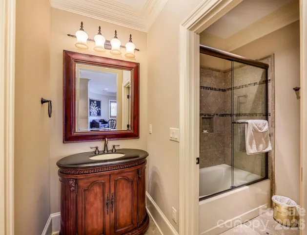 a bathroom with a sink a mirror and a shower