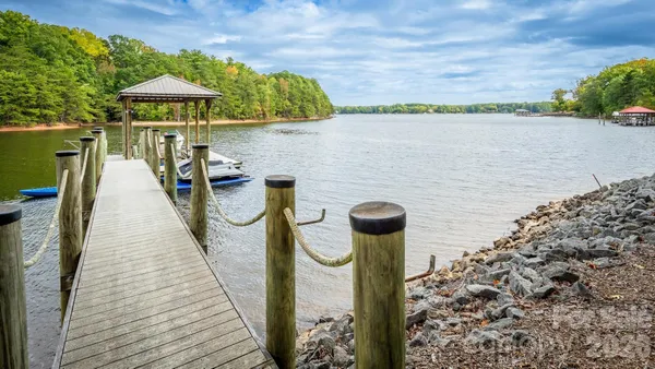 a view of a lake with a patio
