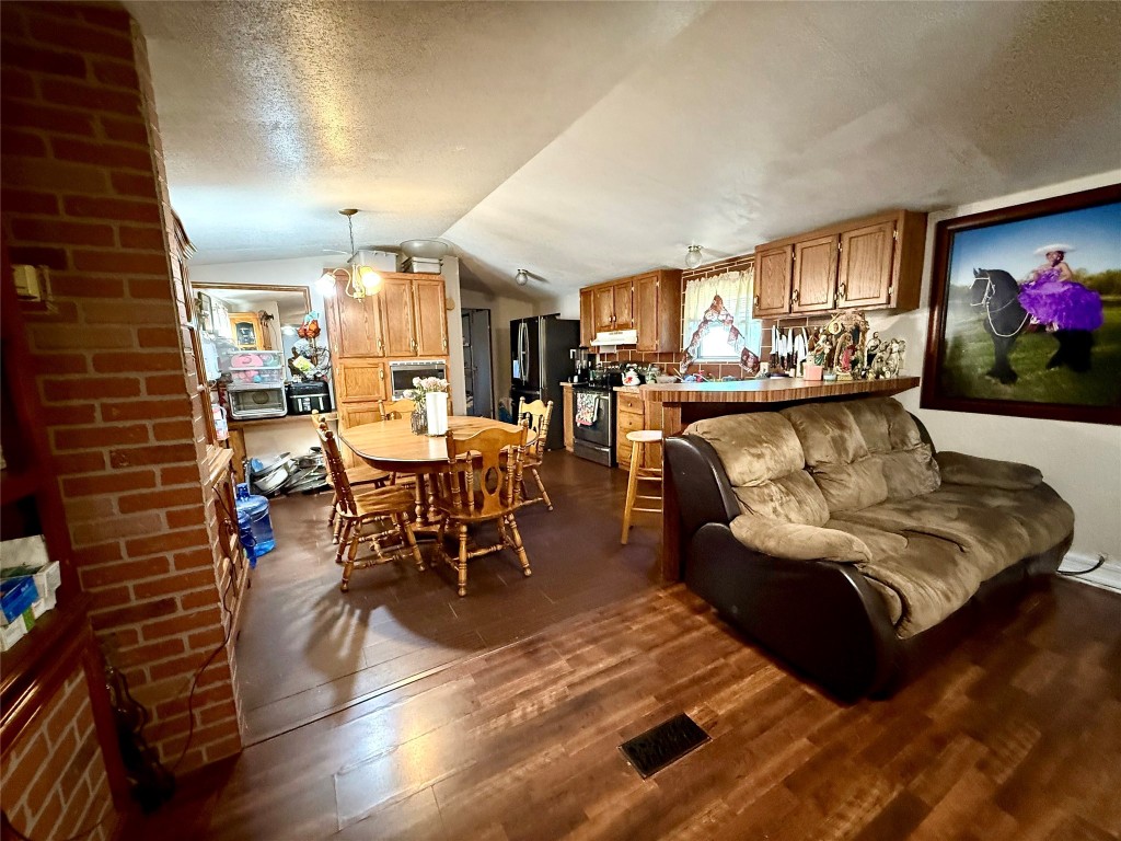685 Fox Lane Lockhart, TX 78644 - Photo 32 of 39 Living room featuring vaulted ceiling, dark wood-type flooring, and a textured ceiling